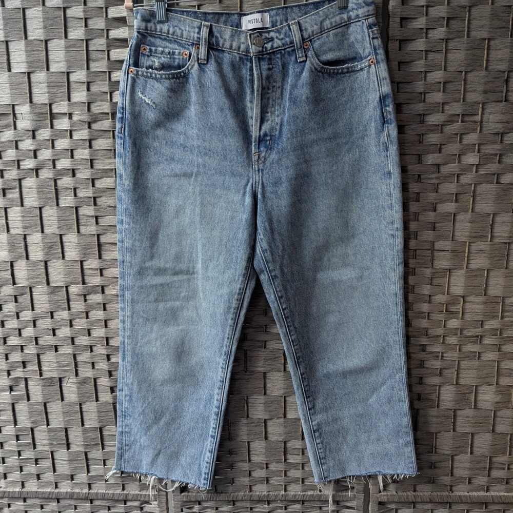 Pistola Straight Leg Cropped Jeans Light Wash Denim High Rise Raw Hem Sz 29